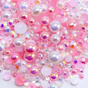 60g Flatback Pearls and Rhinestones for Crafts, Mix for Nails Face Art Tumblers, with Tweezers Wax Pen