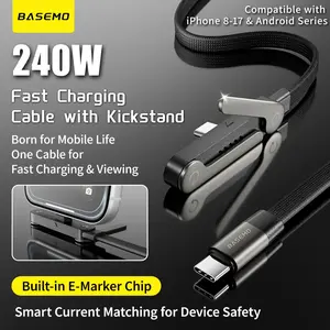 basemo Invisible Holder Charger Cable with Stand, 240w super fast charging 2-in-1 Fast Charging Cord & Phone Stand for Gaming, Office, Car Travel, Compatible with iPhone Samsung Type-C charging cable Black