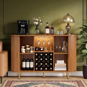 【SummerVibes】DHH 55" Mid-Century Modern Sideboard Buffet Cabinet, Curved Credenza with Sliding Tambour Doors & Adjustable Shelves, Wood Console Storage Cabinet / TV Stand for Living Room, Dining Room outdoorfun, Entertainment Tv Stand