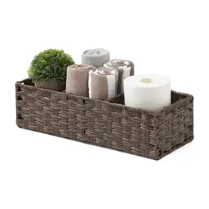 Toilet Tank Topper Paper Basket - Multiuse Hand Woven Plastic Wicker Basket with Divider for Organizing, Rustic Farmhouse Bathroom Decor, Countertop Organizer Storage, Brown