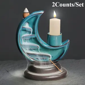 3 in 1 Ceramic Moon & Mountain Design Incense Burner without Incense, 2 Counts/set Backflow Incense Burner with Candle Holder, Ornament for Home Office