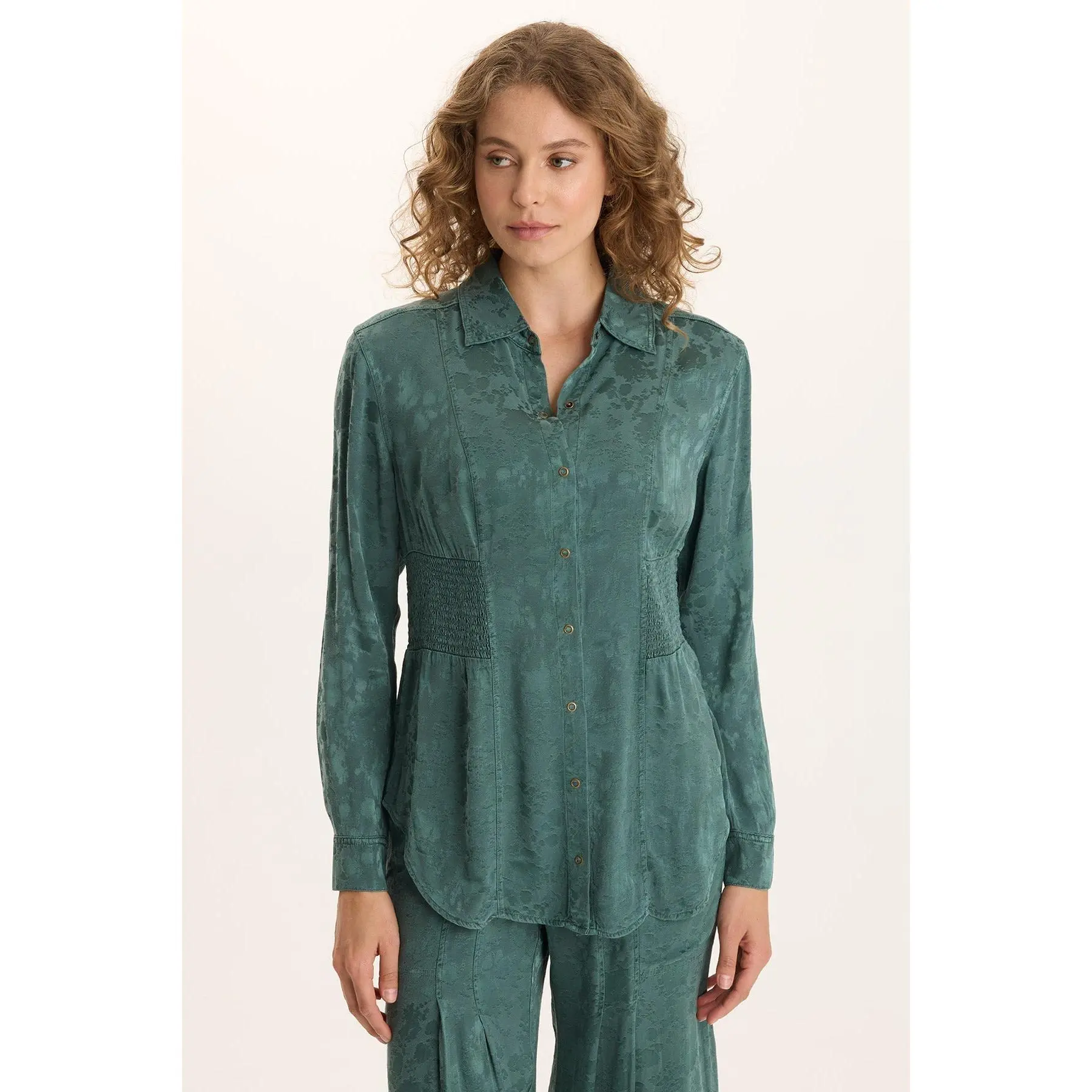 Senneca Textured Satin Shirred Peplum Button-Up Blouse