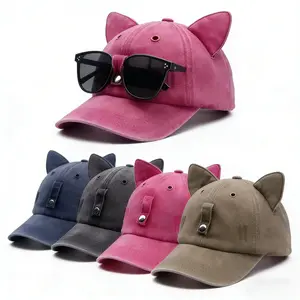Y2K Cat Ear Baseball Cap with Detachable Sunglasses, Washed Vintage Adjustable Trucker Hat, Hip-Hop Kawaii Sun Hat for Daily Wear, Outdoor & Party