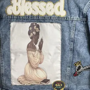 PATCHWORKZ: Unisex Denim jacket with spiritual saying and image with handmade patch. Fabric Canvas Customized