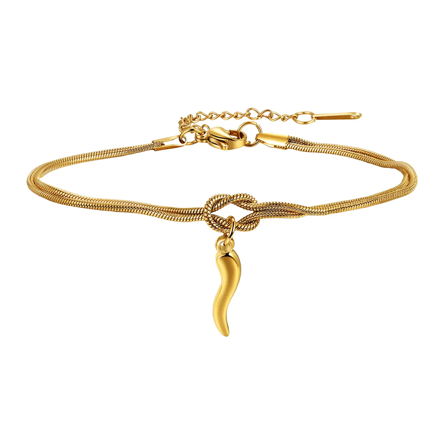 OIDEA Women's Hypoallergenic Gold Stainless Steel Cornicello Horn & Infinity Knot Charm Bracelet - Hypoallergenic Jewelry, 6.69in Base, 2.16in Extender, Adjustable Size Slim Bracelet, Dainty Layering, Lucky Italian Gift for Christmas, Valentines Day