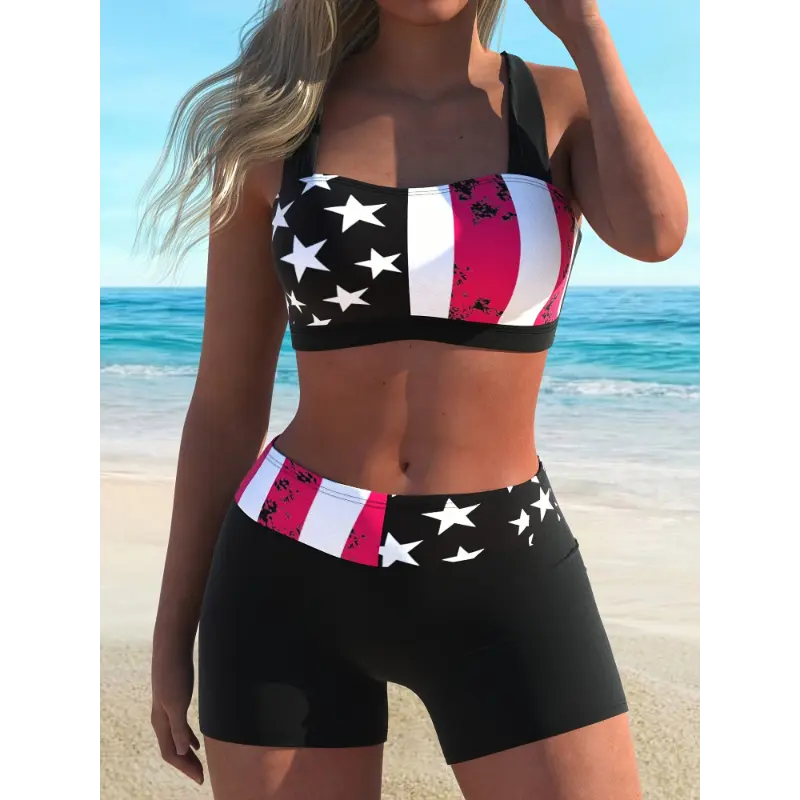 Women's 2-Piece American Flag Print Criss Cross Bikini Top Shorts Combo - High Stretch Polyester Swimwear, Ring Knot Back, Boxer Shorts, Patriotic Beach Bathing Suit, Summer Essential Swimsuits, Women's Swimsuits
