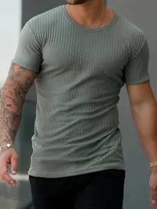 Men's Slim-Fit Ribbed Knitted Round Neck Short Sleeve T-Shirt, Casual Sport Plain Summer Daily Wear Top, Long Clothing