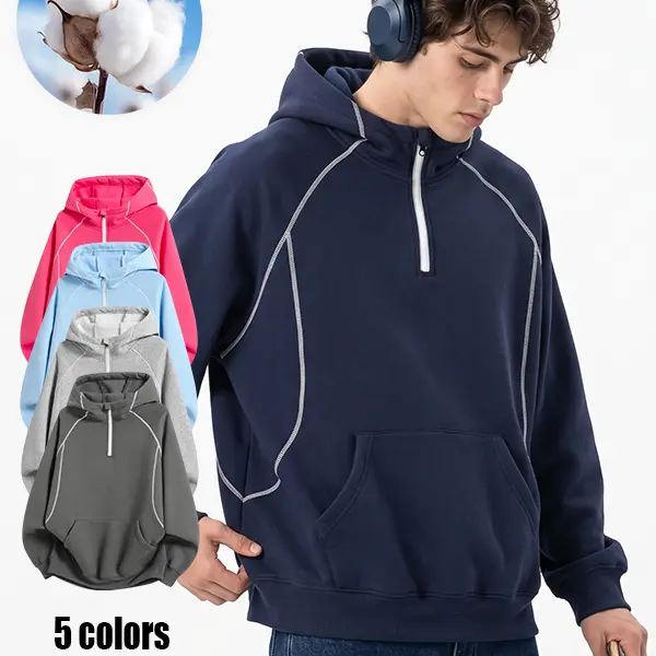 Men’s Cotton Blend Quarter Zip Hoodie - Loose-Fit, Exposed Stitching, Drop-Shoulder Cut, Hazard-Free, All-Season Streetwear for Everyday Casual, Back-to-School Outfits (Multiple Colors)