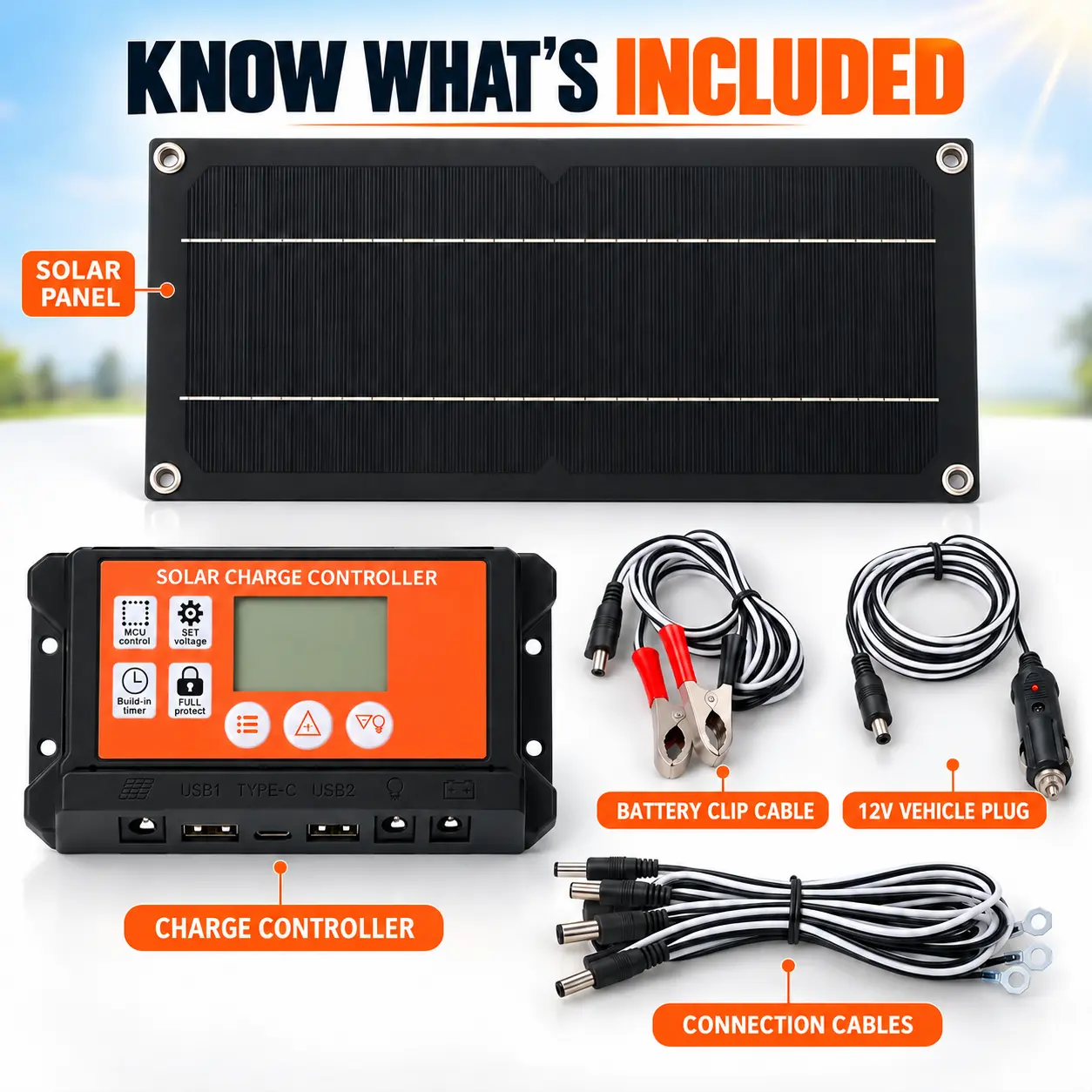20W Solar Battery Charger Kit, 12V Portable Solar Panel with LCD Charge Controller, Solar Trickle Charger with Alligator Clips & Car Plug for Car, RV, Boat & Motorcycle