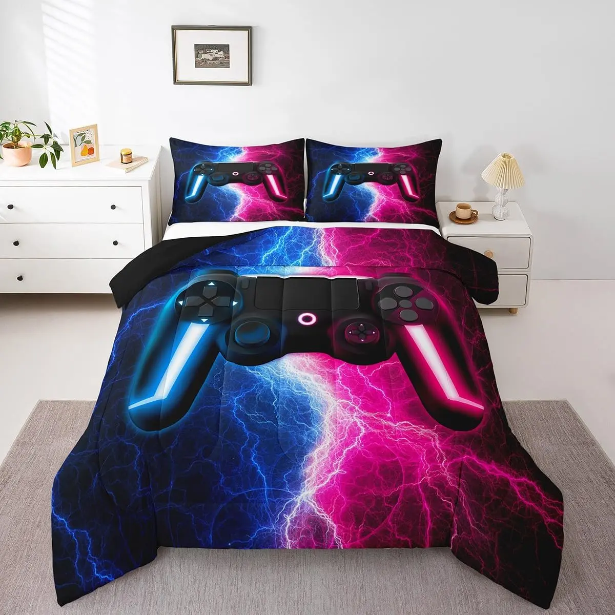 Feelyou Video Game Gamer Bedding Set - Queen Size, Blue & Pink Abstract Lighting Console Design Comforter, Lightweight Warmth, Easy to Care, Machine Washable, Guest Room, Travel-Friendly for Kids