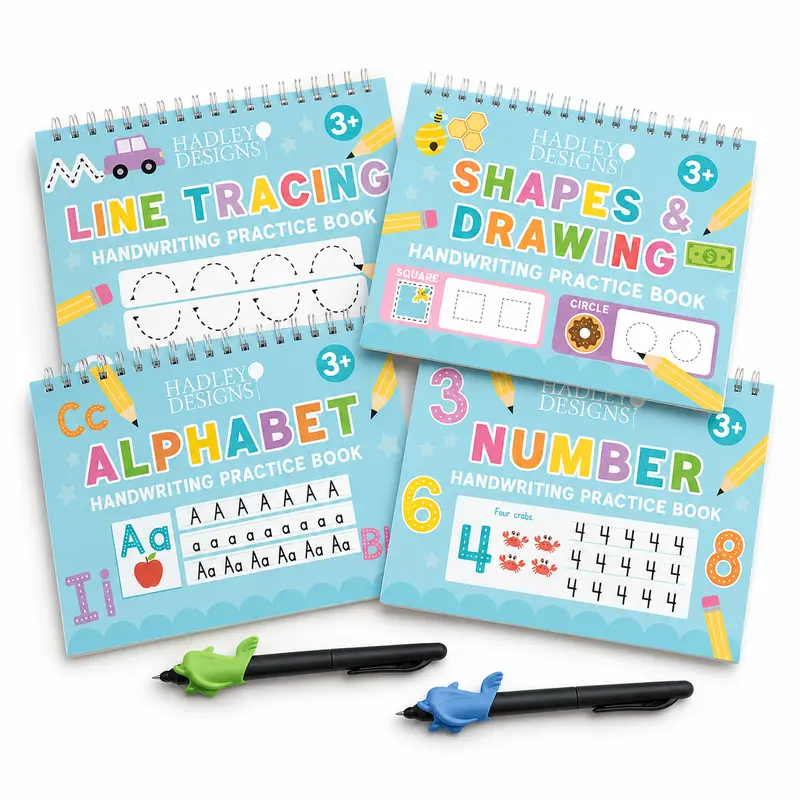 Hadley Designs Grooved Handwriting Notebook - Reusable Magic Ink Letter & Number Tracing for Kids 3-7, Preschool Writing Practice Kit