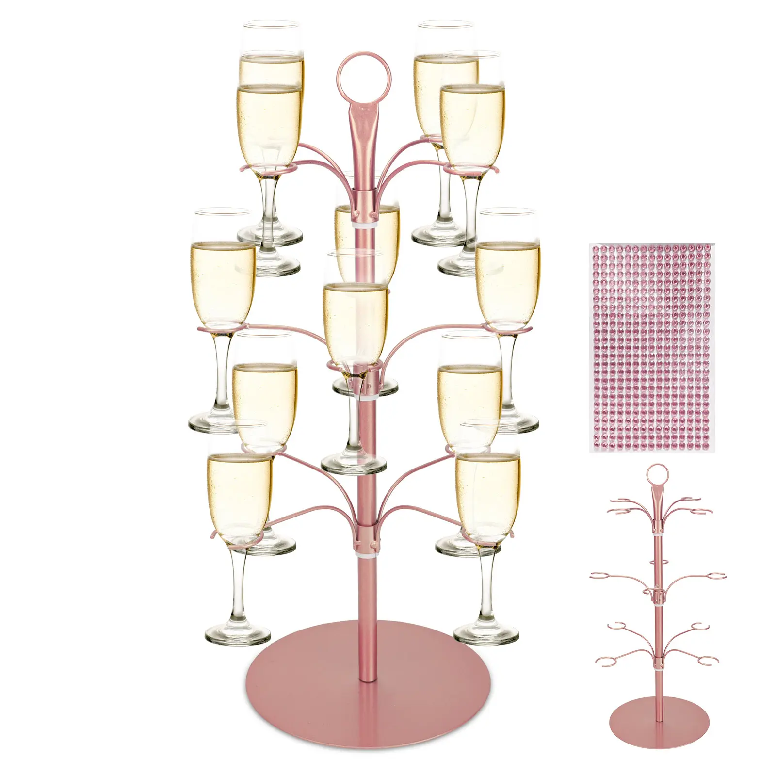 Rose Gold Wine Glass Holder with Crystal Sticker - 3-Tier Design for 12 Holders,Glasses Holder Suitable for Champagne Cocktails Martini, Sturdy Metal Construction, Easy Install, Ideal for Weddings & Parties, Drink, Utensils