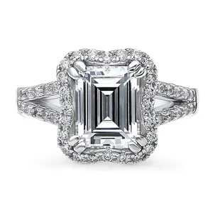BERRICLE Sterling Silver Halo Woven Engagement Rings Split Shank Ring for Women, Step Emerald Cut Cubic Zirconia CZ