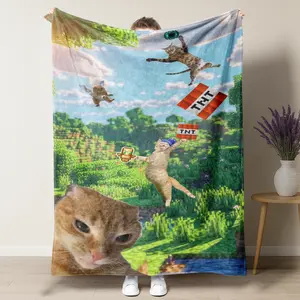 UVVUVV - Minecraft Cat Chaos Blanket – Whimsical Pixelated Design Featuring Cats Tossing TNT & Diamonds in a Blocky Landscape, Perfect for Gaming & Cat Enthusiasts