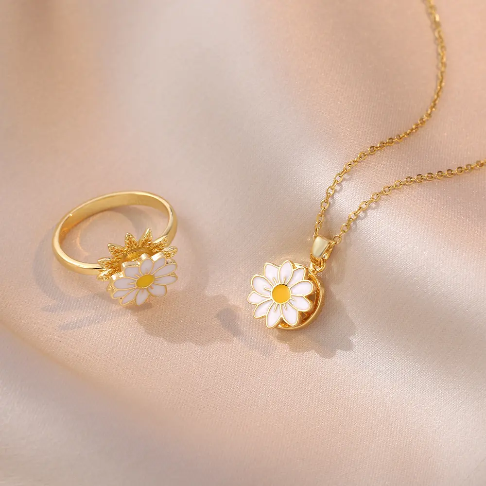 Flower Jewelry Set Necklace for Women Rotatable Fresh Oil Drip Necklace Ring Flower Simple Sunflower Choker Gold-Tone Daisy Design