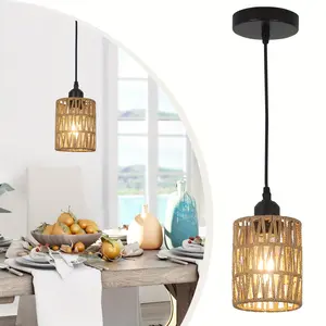 Modern Industrial Rattan Pendant Light, Handwoven Natural Rattan Shade, Polished Metal Surface, Semi-Embedded Design, Home Decor, Home Decoration Lamp