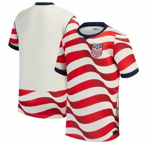 USA Home Soccer Jersey Red White Wave Design, American Flag Style Football Shirt, Front and Back View Athletic Sportswear, Fan Edition Gift Tee