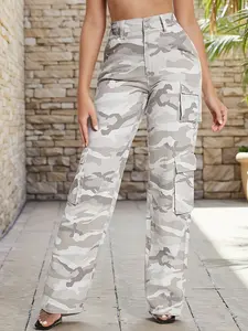 Women's Camouflage Cargo Pants High Waist, Casual Workwear Long Trousers, Casual Pocket Waist, Comfortable and Stylish, Perfect for Outdoor Activities, Casual Chic Bottoms
