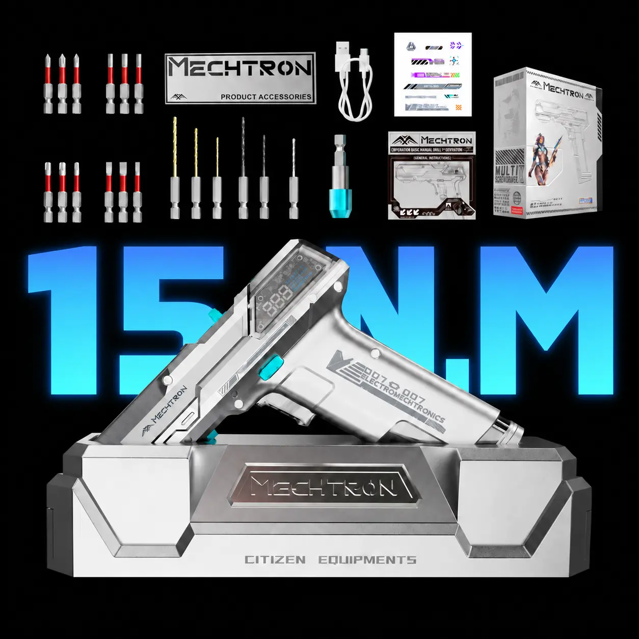 Mechtron 2-in-1 Electric Drill-Screwdriver - Pro Version, comes with a base and tool box, futuristic mech blaster design, max torque 15 Nm, removable battery, suitable for wood/metal/concrete, versatile tool & display collectible