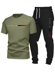 Men’s summer two-piece set featuring a Paris letter print short-sleeve T-shirt and elastic-waist drawstring pants with pockets—a casual outfit for going out. A great gift for husband or boyfriend, perfect for running, golf, fishing, basketball, camping, g