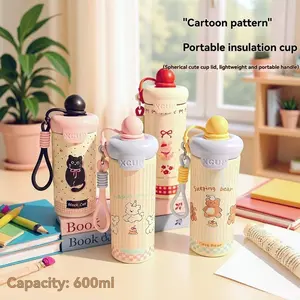 Large Capacity 600ML Stainless Steel Insulated Thermal Cup, Cute Cartoon Design, Floating Straw, Portable Lanyard, Ideal for Kids School Outdoors