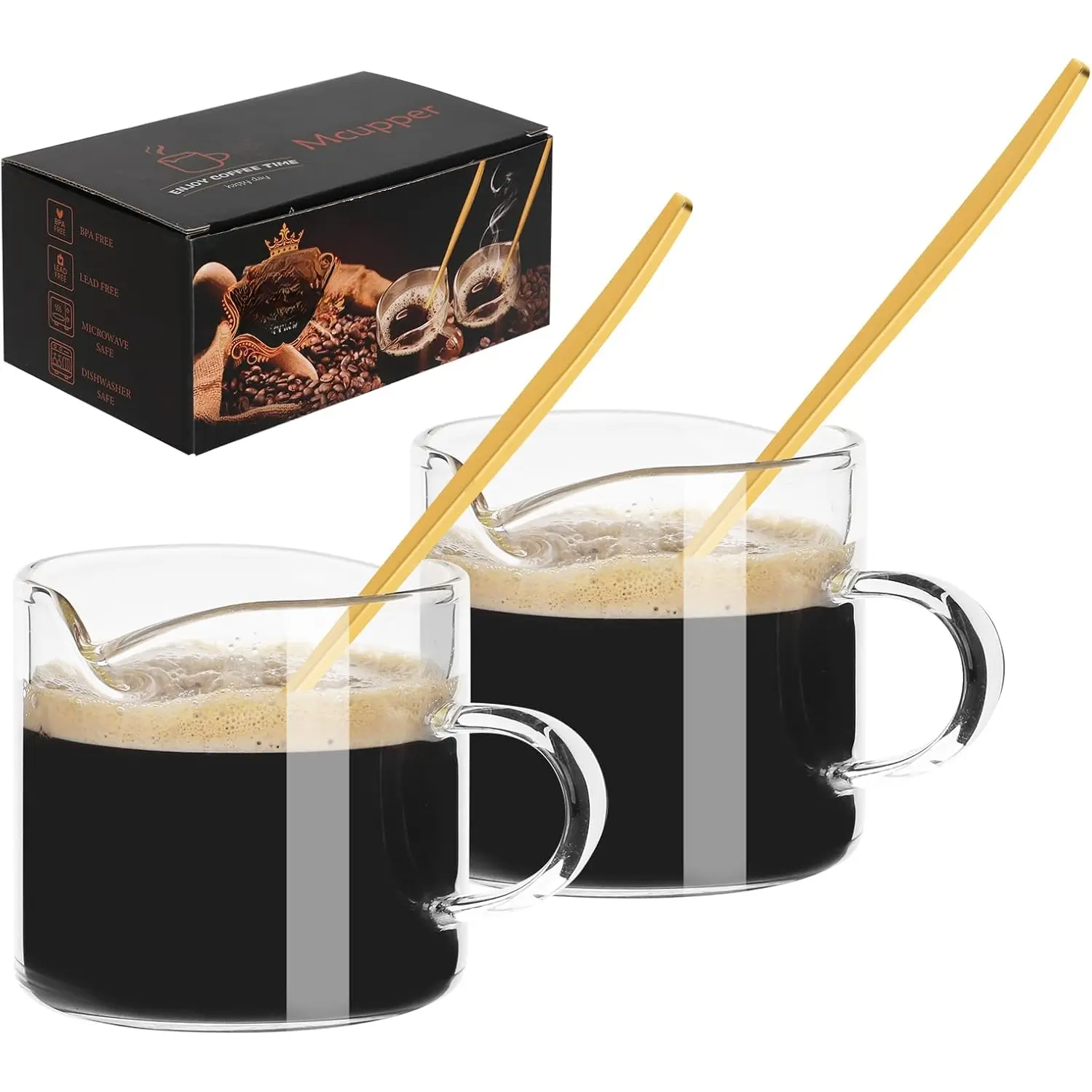 2 Pack Espresso Cups 4 OZ, Double Spouts Cups with Handle and 2 Stainless Steel Spoons, Espresso Shot Glasses, Milk Cup, Clear Glass for Espresso Machine
