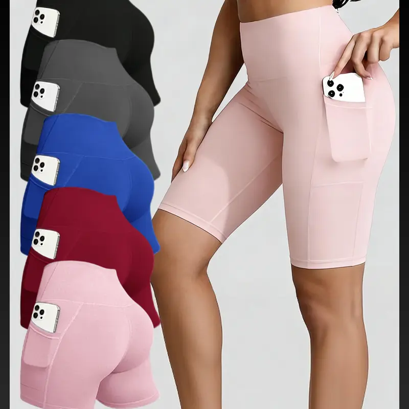 5PCS Women's Sports Shorts with Pockets, Black Cycling Shorts, Quick-Dry Outdoor Fitness Workout Leggings, Stretchy High-Waist Tummy Control Butt-Lifting Fit, Yoga Tights, Women's Running Training Knee-Length Pants,  dolphin shorts cheeky shorts
