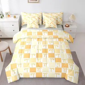 Feelyou 7-Piece Soft Bedding Set - Grid Bowknot Comforter, Ribbon Bow Kawaii Geometric Bed-in-a-Bag, Cute Aesthetic Yellow for Kids