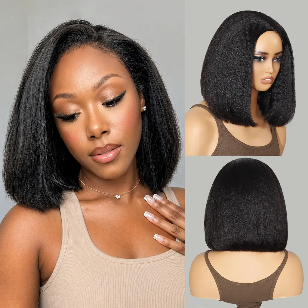 Mscoco Kinky Straight Bob Half Wig Flip Over Human Hair Wig Seamless Blend Natural Hairline