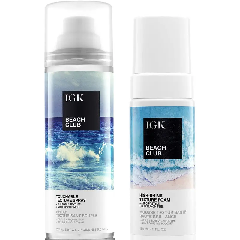 IGK Hair Beach Club Duo - High-Shine Texture Foam & Touchable Texture Spray for Effortless Beach Waves & High Shine Without Heat Styling