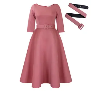3307 Women's Fitted Crewneck Long Sleeve Lotus Pink Party Dress for Spring Formal Workwear with Belt Elegant Bridesmaid Banquet Gown Minimalist Design Womenswear Basic Round Neck