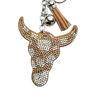 Rhinestone Bull Skull Keychains with Tassel and Silver Bead Charm for Western Style Accessories