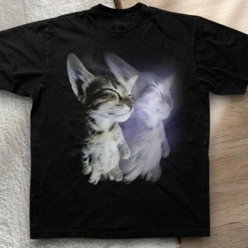 Soul Cat T-shirt Vintage Astral Projection Smiling Kitten Graphic Tee, Retro Weirdcore Spiritual Glow Shirt, Loose Fit Top