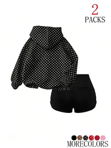 Women's 2026 New Dot Fall Winter Warm Hooded Drawstring Sweatshirt, Fashion Simple 23 Pattern Print, Trendy Pocket Hoodie Set