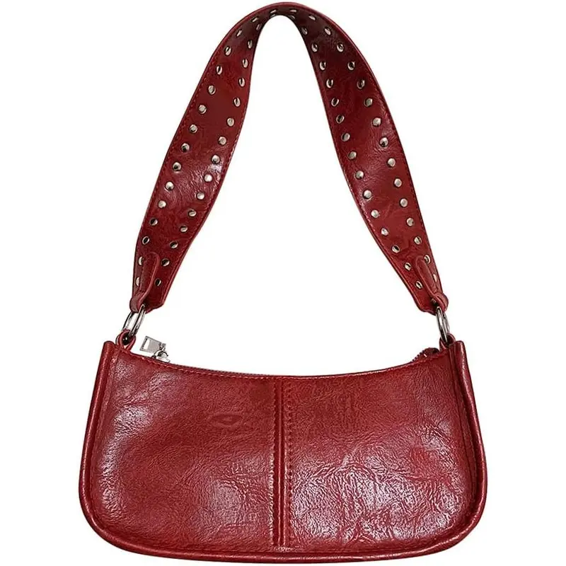 Shoulder Bags for Women Red Purse Burgundy Purse 90s Y2k Bag Studded Shoulder Crossbody Bag Trendy Leather Handbag