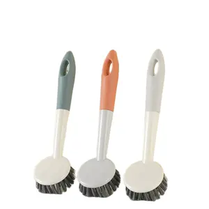 Tri Color Spliced Plastic Long Handle Scrub Brush Hard Bristle Durable Kitchen Dish Stove Cleaner