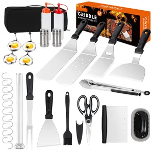 Griddle Accessories Kit, 34Pcs Stainless Steel Flat Top Grill Tools Set for Blackstone and Camp Chef, Grilling Spatula Set, Scraper, Carry Bag, Grill Cleaning Accessories for Men Outdoor BBQ Oil