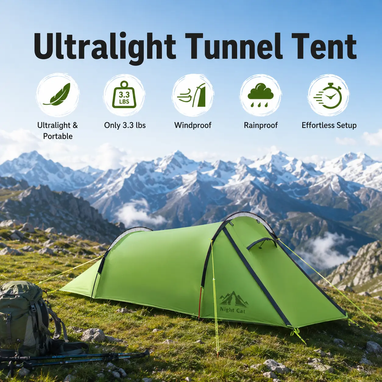 Night Cat Ultralight Tunnel Tent, 1-2 Person Camping Gear, 20D Nylon Fabric, 5000mm Waterproof Rainfly, 8000mm Floor, Compact Pack, Spacious Inner, 2 Size Options (118.11"Lx43.31"Wx35.43"H/133.86"Lx62.99"Wx41.34"H), 12 Aluminum Pegs & 4 Guylines, Two Size