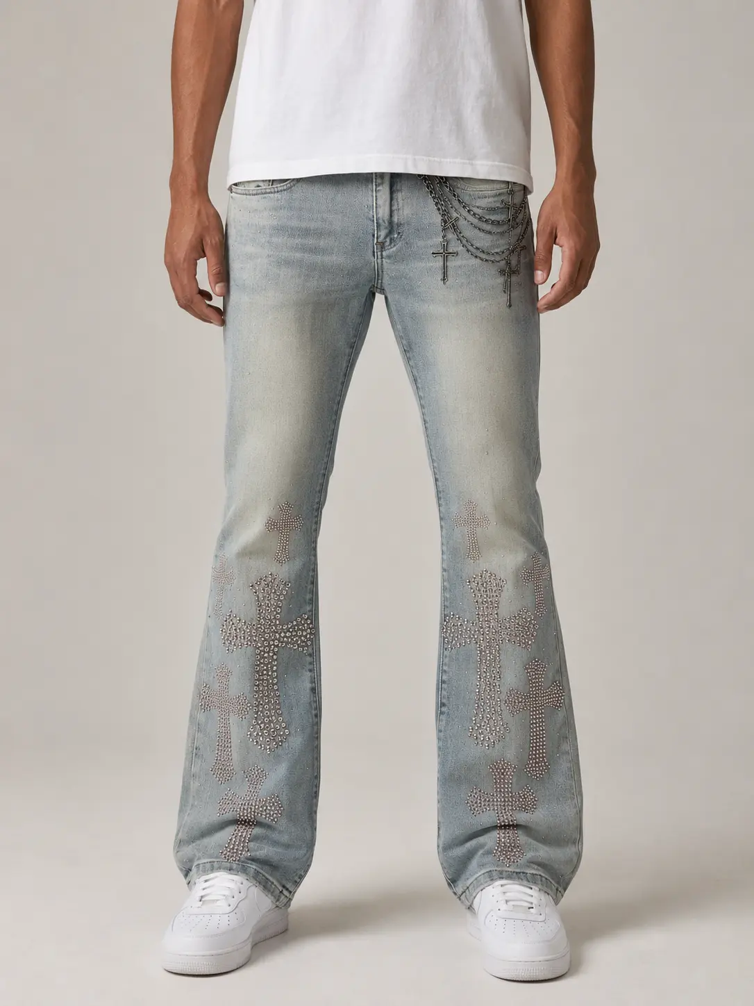 Menswear Flared Streetwear Pants - Taker 'Rhinestone Cross' Premium Stretch Stack Jeans (Rustic Blue), T5046, Fabric, Digital Print, Stretch Denim, Cross Motif, Stacked Cut