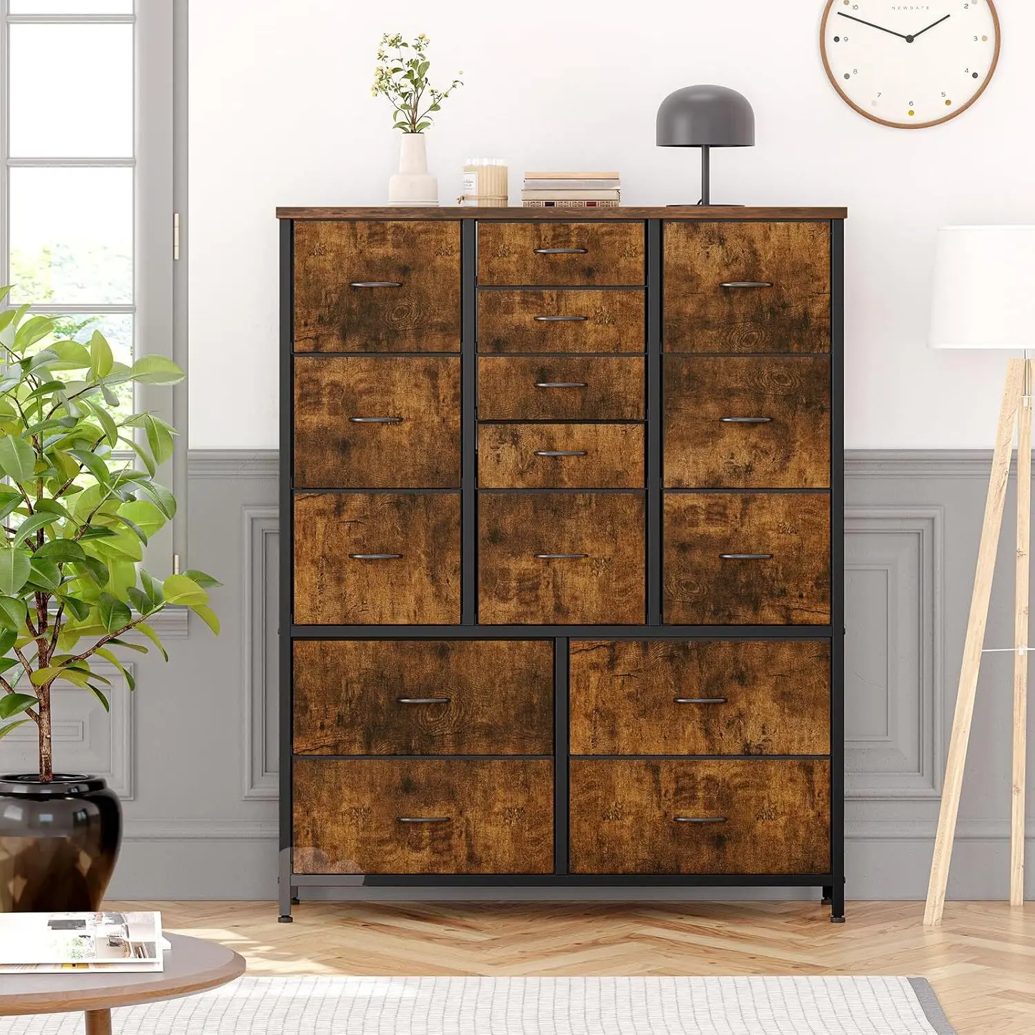 Rustic Brown 15-Drawer Clothing Storage Cabinet - Sturdy Cupboard Furniture with Wood Tabletop, Metal Frame, Fabric Finish, Tall Dresser for Bedroom, Living Room