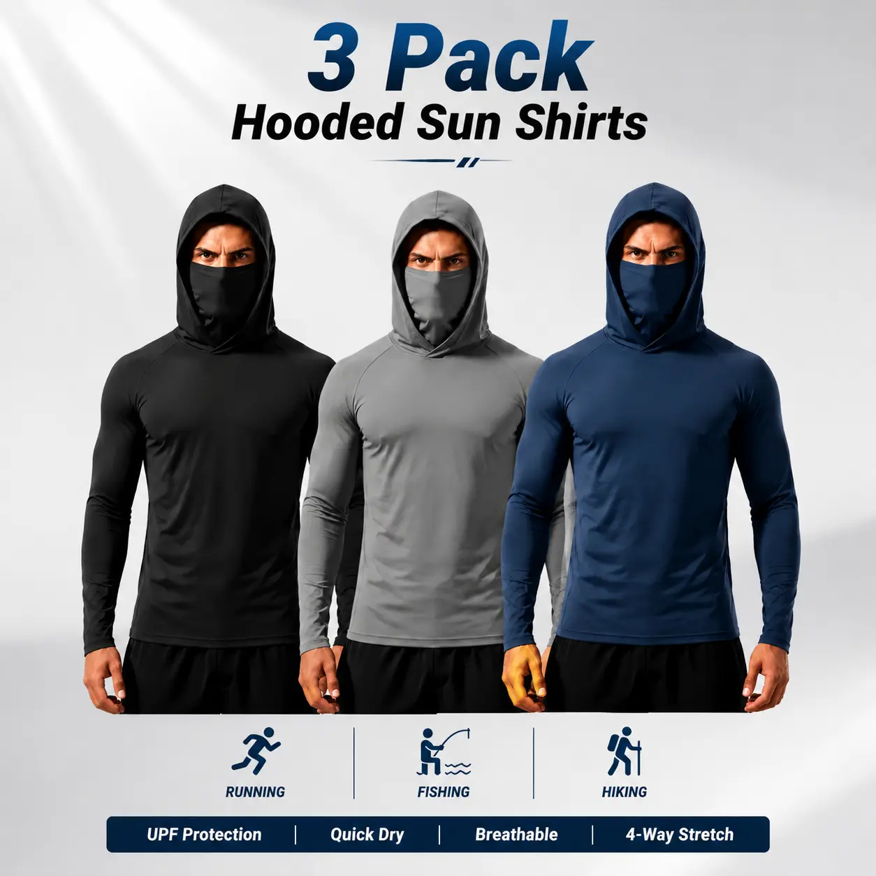 ¡Órale, compa! Snag this 3‑Pack hooded sun shirt set – quick‑dry, breathable, and 4‑way stretch. Built for running, fishing, hiking, or the worksite. Rotate 'em and stay fresh!