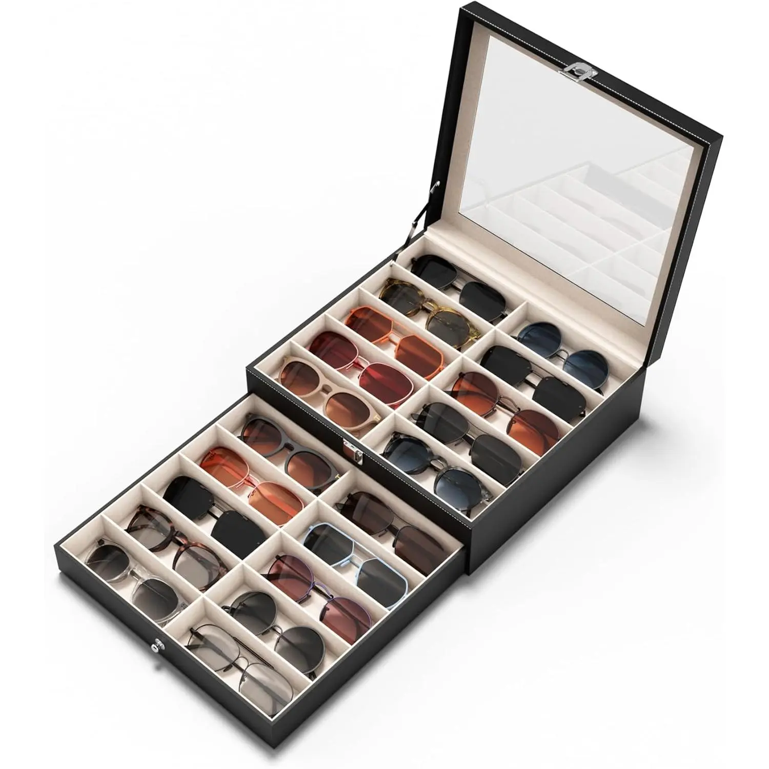 20-Slot Rectangular Classic Eco-Friendly Dustproof Waterproof See-Through Eyeglasses Storage Box with Drawers & Compartments - No Synthetic Material Organizer Storage Solution for Home Use