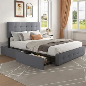 Upholstered Storage Bed Frame – 4 Sliding Drawers & Adjustable Button Tufted Headboard – Quiet Sturdy Platform Bed With Easy Assembly