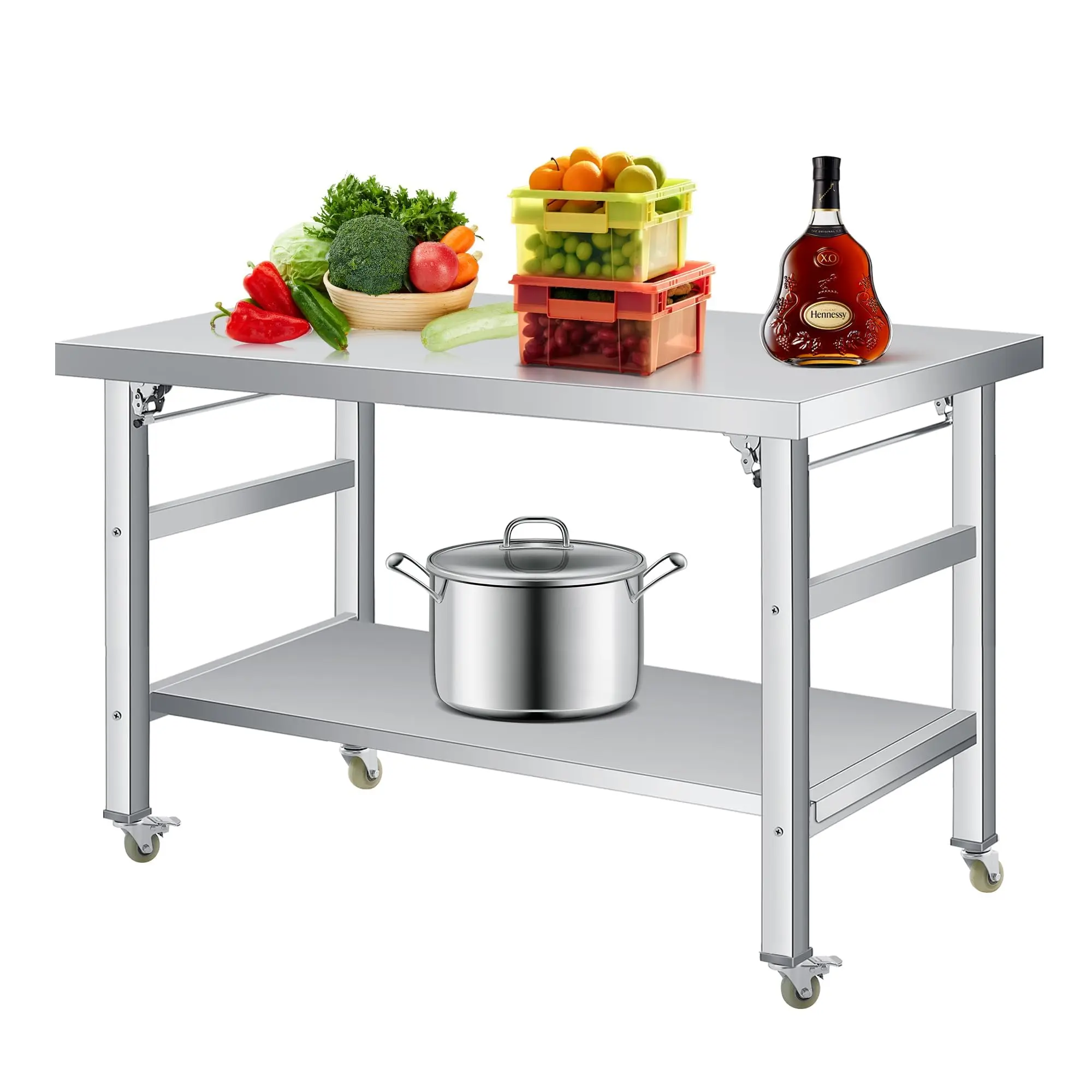 GARVEE 36X24 Inch Stainless Steel Folding Table,920 Lbs Commercial Grade Prep Table with Undershelf and Lockable Casters, Double Tier Heavy-Duty Folding Workstation for Kitchen Restaurant Garage