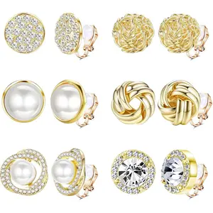 YADOCA 6 Pairs Clip On Earrings Cubic Zirconia Pearl Knot Twist Clip On Earrings Non Pierced for Women Clip Earrings Set