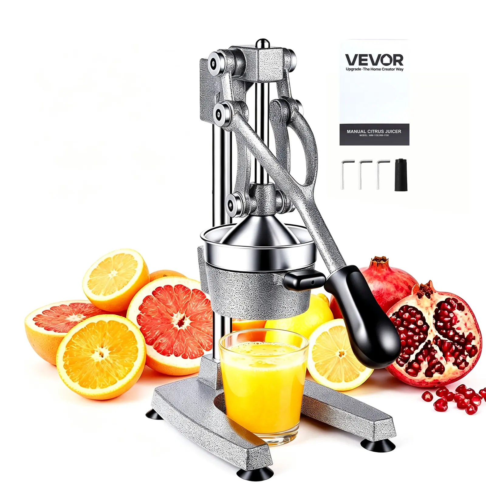 VEVOR Manual Citrus Juicer, 15" Tall Hand Press Orange Juicer, Manual Fresh Juice Extractor for Lemon Pomegranate Grapefruit, Heavy-Duty Cast Iron, Easy to Clean, Home & Commercial Use, Silver Gray