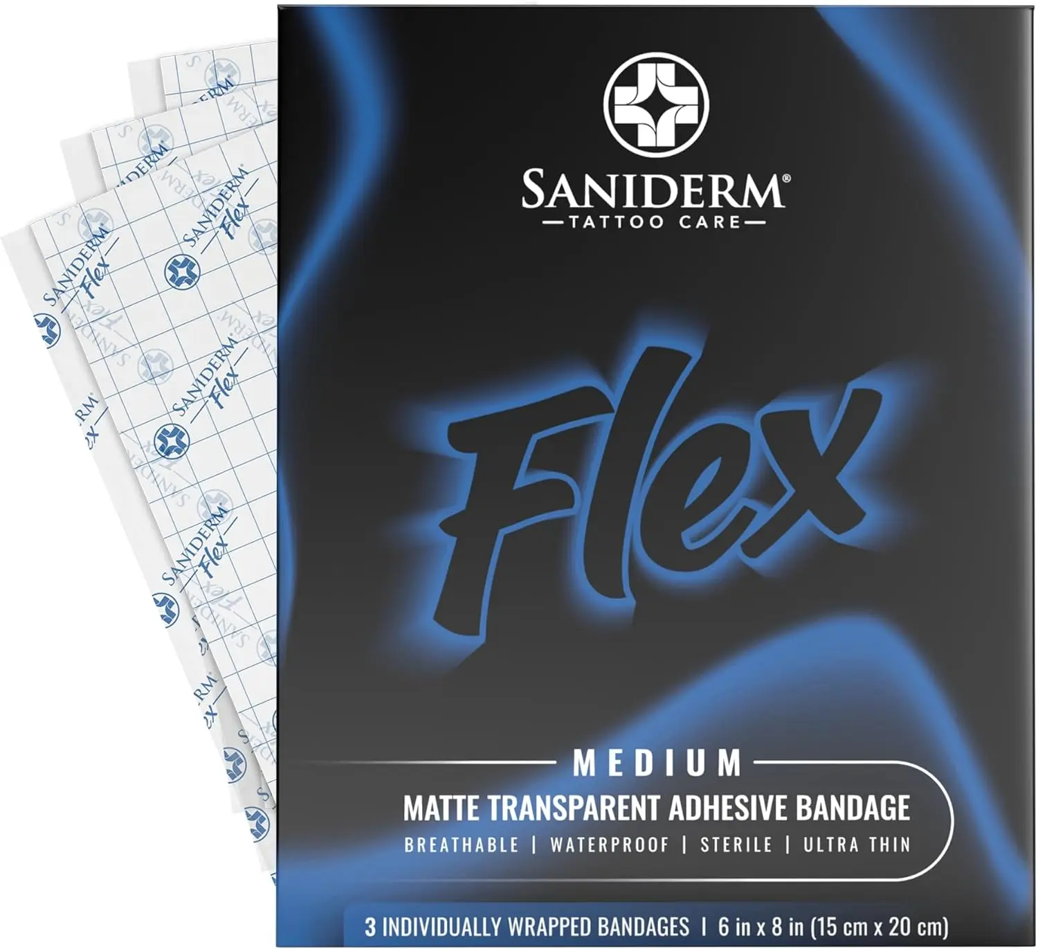 Saniderm Flex Tattoo Aftercare Bandage (New) (3 Sheets, 6 in x 8 in) – Convenient, Faster Tattoo Healing and Protection – Sterile, Waterproof, Ultra Flexible, Tatoo Aftercare Wrap – Matte Finish