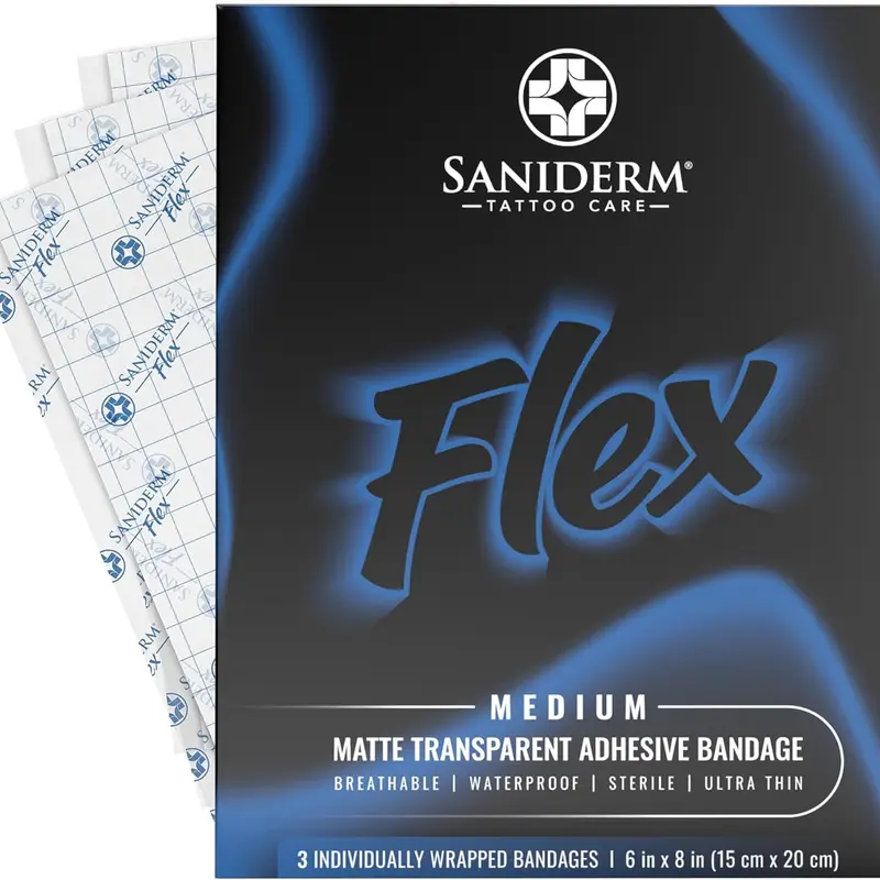 Saniderm Flex Tattoo Aftercare Bandage (New) (3 Sheets, 6 in x 8 in) – Convenient, Faster Tattoo Healing and Protection – Sterile, Waterproof, Ultra Flexible, Tatoo Aftercare Wrap – Matte Finish