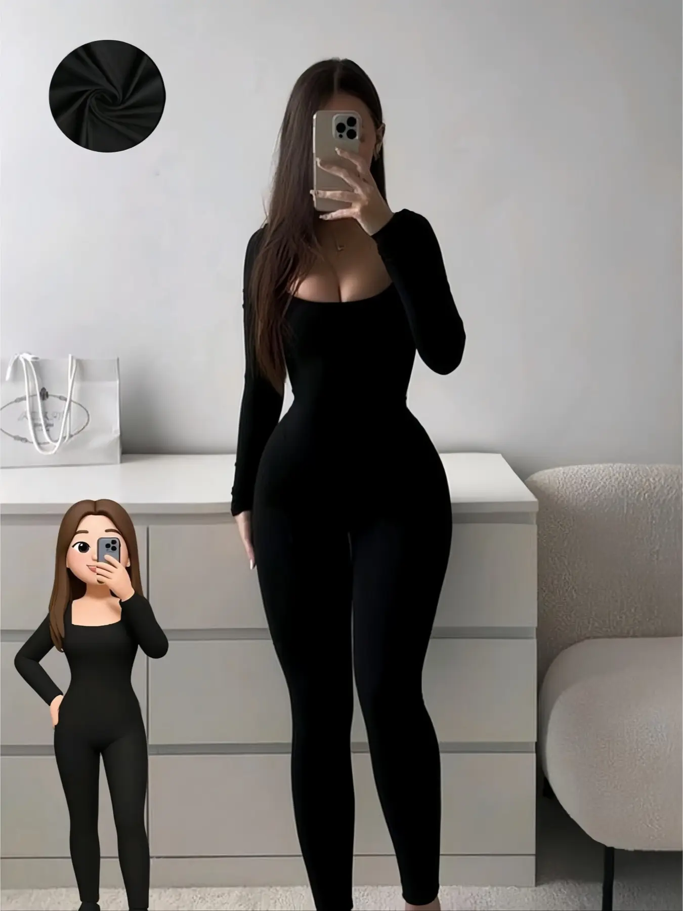 Black U-neck long-sleeved jumpsuit