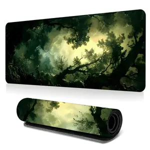 Mystic Forest Desk Mat Gaming Mouse Pad Dark Woodland Sunlight Theme Extended Mouse Pad for Laptop Large Mouse Pad for Desk with Non-Slip Rubber Base Stitched Edges Gift for Gamers Home Office, Gaming Room Accessories